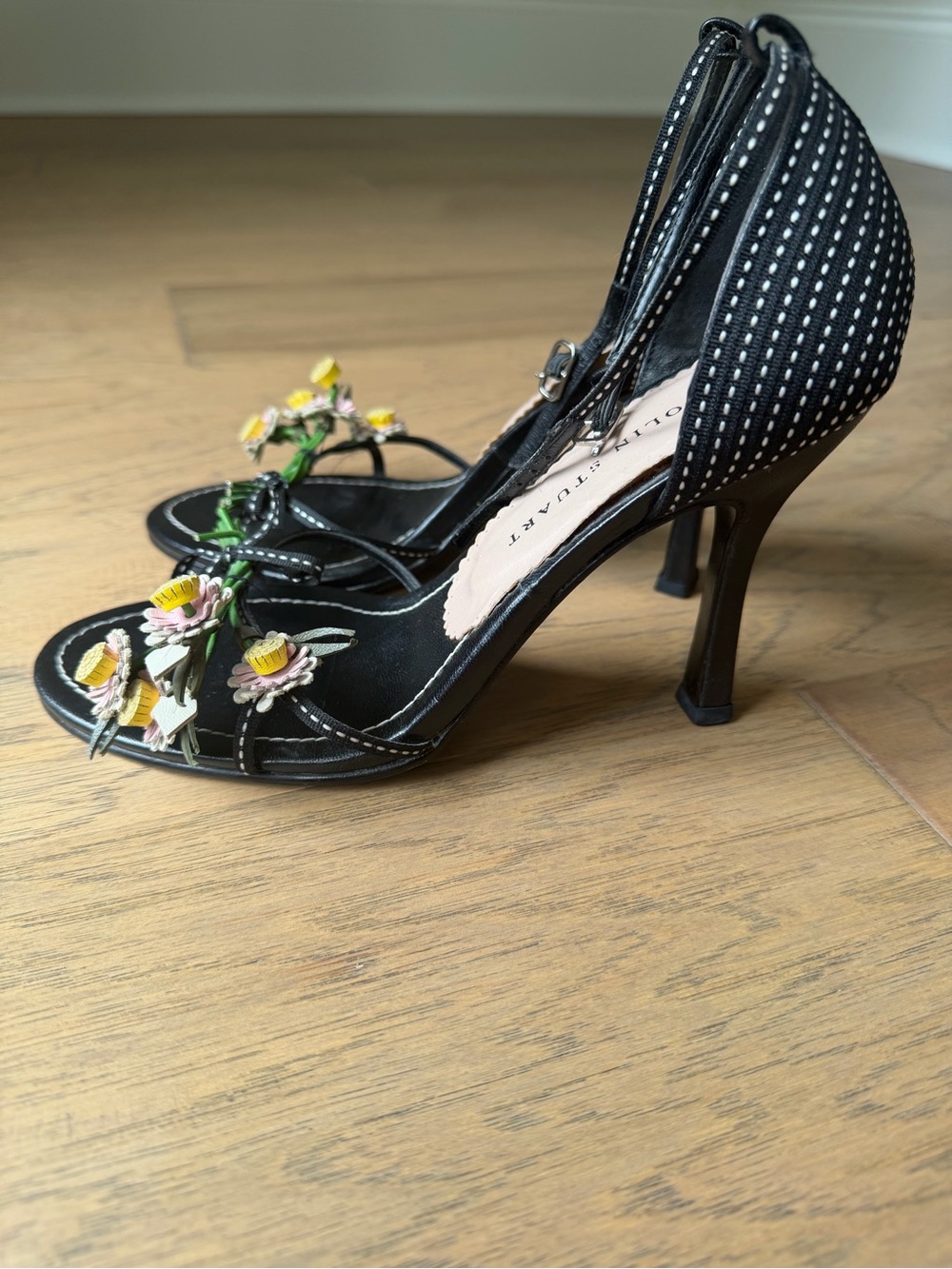 Colin Stuart Black Leather Floral Strap Heels with Pink & Yellow Accents - Picture 7 of 10